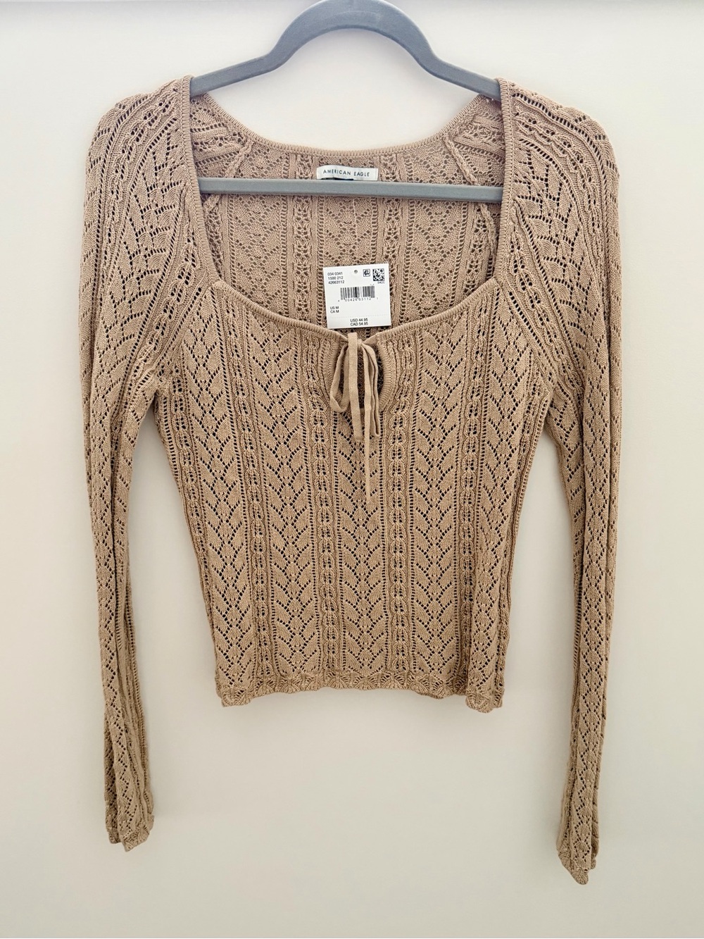 American Eagle Beige Open-Knit Tie-Front Top